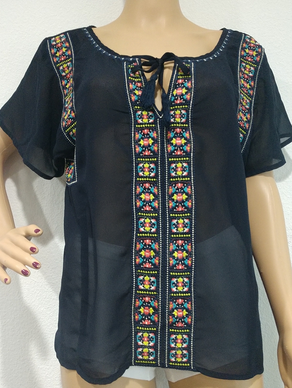 American Eagle Outfitters Black Sheer Embroidered Peasant Blouse